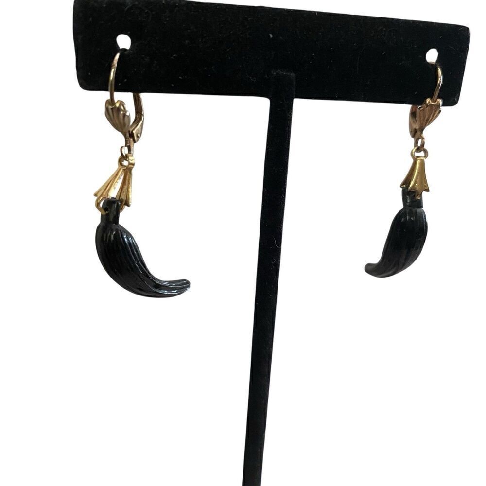 Vtg Pierced Earrings Simulated Black Talons Gold Tone Earwires Made in Germany